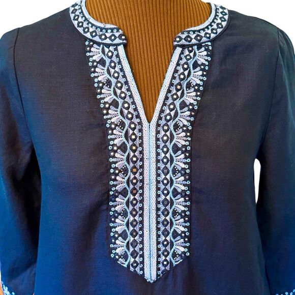 Chico's Embellished Linen Dress Dark Navy 3/4 Sleeves Knee Length Size 0 (US 4) - Picture 4 of 10